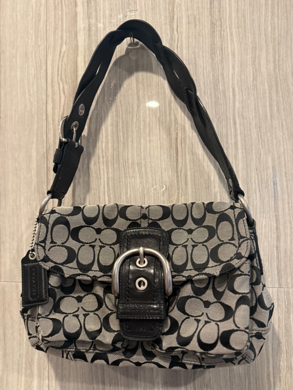 Coach Black and Gray Signature Buckle Shoulder Bag